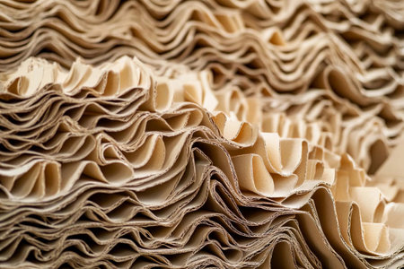Rich, folded layers of corrugated cardboard create a mesmerizing pattern, showing variations in texture and depth. The gentle light enhances the intricate details of this biodegradable material.の素材