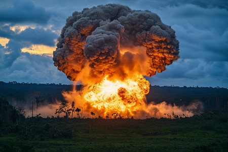 A brilliant explosion erupts against a backdrop of darkening skies, casting flames and smoke high above the dense greenery of the landscape, creating a stunning yet ominous spectacle at dusk.の写真素材