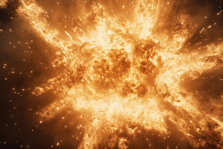 In the depths of the universe, a massive explosion engulfs the void, casting brilliant orange and...
