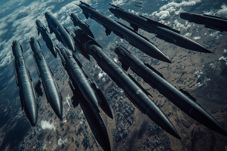 A striking aerial view showcases a formation of sleek missiles soaring above a barren terrain, with clouds drifting beneath them, highlighting the prowess of modern military technology.の写真素材