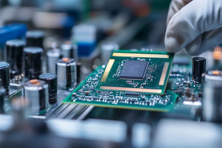 A technician, wearing a glove, carefully places a microchip onto a vibrant green circuit board...