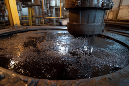 A powerful machine is engaged in the meticulous extraction of crude oil from a large, dark pool, reflecting the industrial beauty of the refinery environment, highlighting energy production.の写真素材