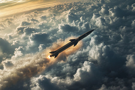 The powerful rocket ascends dramatically into the sky, leaving a trail of fire and smoke amidst fluffy clouds. The warm hues of dawn highlight this momentous launch.の写真素材