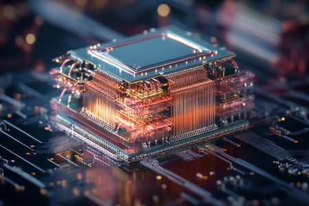A stunningly detailed microprocessor glistens with complex circuitry in a vibrant digital...