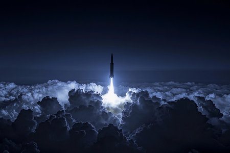 The powerful rocket ascends gracefully into the dark sky, illuminating the surrounding clouds with brilliant light. Its steady ascent captivates the onlookers below, evoking a sense of wonder.の写真素材