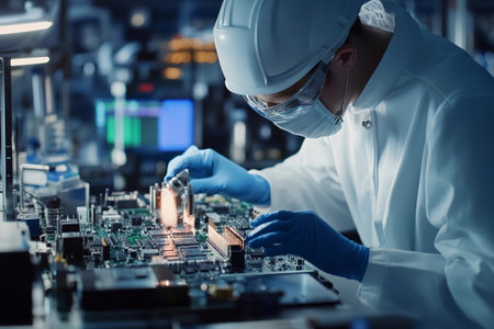 A technician with protective gear focuses intently on assembling a circuit board in an advanced technology lab. The workspace glows with illuminated screens and intricate components.の写真素材