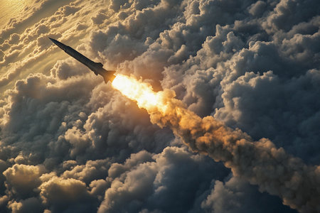As dawn breaks, a rocket ascends through fluffy clouds, its fiery exhausted illuminating the...