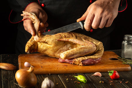 An experienced chef delicately carves a duck, demonstrating culinary precision in a warm, cozy kitchen surrounded by fresh ingredients and seasonings.の写真素材