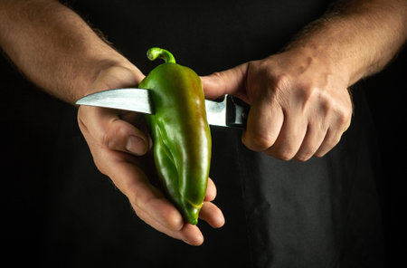 A sharp knife glides through a vibrant green pepper held firmly between two hands, showcasing culinary skill in a dimly lit kitchen environment.の写真素材