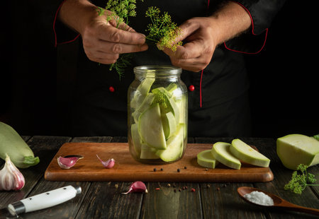 Hands delicately arrange fresh dill over cucumber slices in a glass jar, highlighting the art of pickling. A wooden board, garlic, and spices complement the preparation process.の写真素材