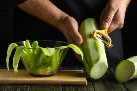 In a warm kitchen illuminated by soft light, a person skillfully peels a cucumber, fresh green ribbons spiraling into a bowl nearby, as other cucumbers rest on the rustic wooden surface.の写真素材