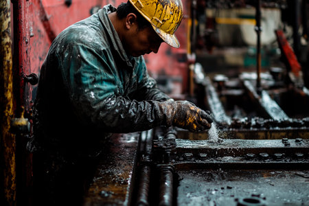 A dedicated worker meticulously cleans and repairs machinery at a bustling dockyard under overcast skies, showing casing skill and resilience in challenging weather conditions.の素材