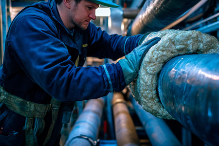 In the heart of a bustling factory, a dedicated worker meticulously covers industrial pipes with insulation material, ensuring energy efficiency and safety during late hours.の素材