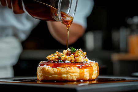 A chef skillfully pours rich syrup over a freshly baked pastry adorned with toppings. The setting showcases a contemporary kitchen atmosphere, highlighting culinary artistry at its finest.の素材