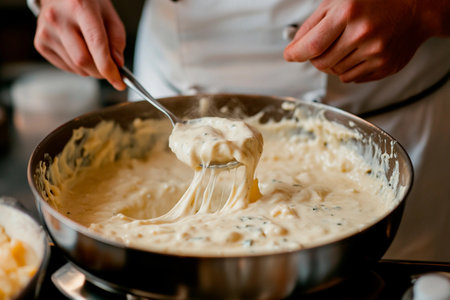 A skilled cook stirs a rich, gooey cheese sauce in a stainless steel pan, blending ingredients while surrounded by a vibrant kitchen backdrop. The delightful aroma fills the air.の素材