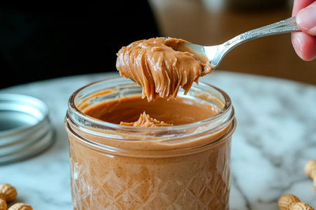 A hand holds a spoonful of velvety peanut butter above a glass jar filled with the smooth spread. The rich, nutty aroma captivates the kitchen, perfect for spreading on toast or pancakes.の素材