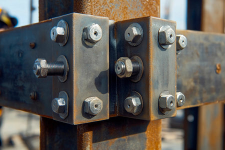 An intricate arrangement of bolts and brackets secures two steel beams together, highlighting the engineering behind modern construction, set against a backdrop of ongoing development.の素材