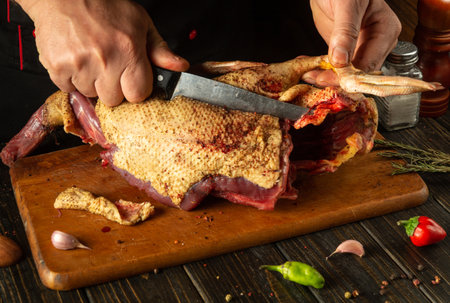 A chef expertly carves a whole duck, showcasing culinary skills on a wooden board, surrounded by fresh herbs and colorful spices, evoking a warm kitchen atmosphere.の写真素材