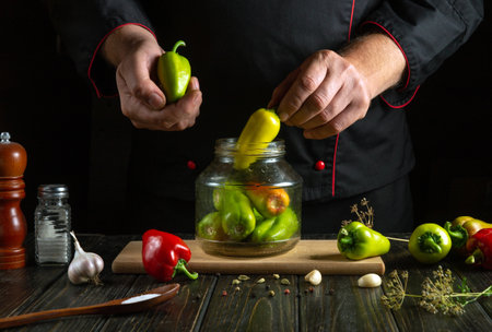 A skilled cook carefully adds colorful peppers to a jar, preparing homemade pickles. Fresh garlic and seasonings surround him, creating an inviting atmosphere for culinary creativity.の写真素材