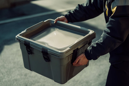 A person carefully holds a durable box while walking along a sunny city street. The bright lighting enhances the atmosphere of a busy afternoon, hinting at a purposeful task.の素材