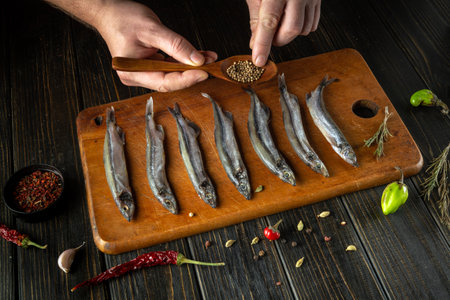 A skilled hand carefully seasons fresh fish laid out on a rustic wooden board, using a wooden spoon to sprinkle aromatic spices. The warm kitchen invites creativity in cooking.の写真素材