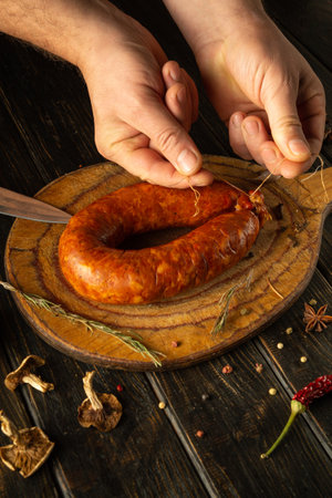 In a warm and inviting kitchen, hands expertly untie and prepare a delicious sausage on a wooden cutting board. Fresh herbs and spices surround the scene, enhancing the culinary atmosphere.の写真素材