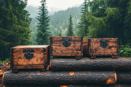 Three vintage wooden chests sit atop logs in a serene forest. Lush green trees surround the area, creating a peaceful atmosphere with misty mountains in the background.の素材