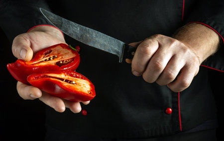 Cooking concept on black background. Chef's hands holding cut red pepper and knife before cooking.の写真素材
