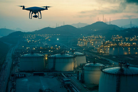 As the sun sets, a drone glides over a vast industrial area filled with large storage tanks. Bright lights illuminate the facility, highlighting the fascinating interplay of technology and industry.の素材