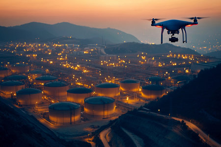As twilight descends, a drone hovers above large oil storage tanks, capturing the vibrant glow of industrial lights. This setting, located near a busy refinery, showcases modern technology.の素材