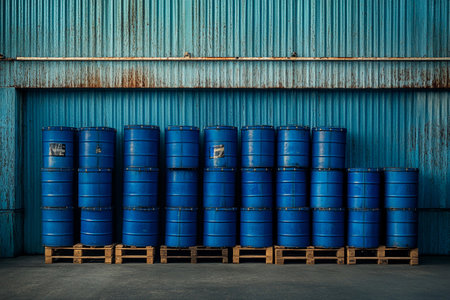A striking arrangement of blue barrels stands against a textured turquoise wall, showcasing an industrial setting.の素材