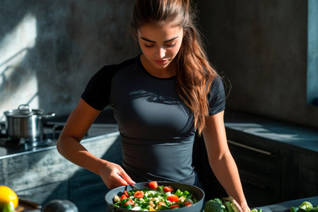 In a stylish kitchen illuminated by warm afternoon light, a young woman focuses on preparing a fresh salad. Vegetables are vibrant and colorful, showing her dedication to healthy eating.の素材
