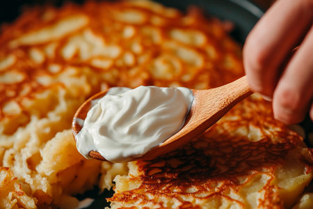 A hand gently places a spoonful of creamy sauce onto a golden-brown potato pancake. The warm, savory dish is complemented by the rich texture of the sauce, inviting a delightful culinary experience.の素材