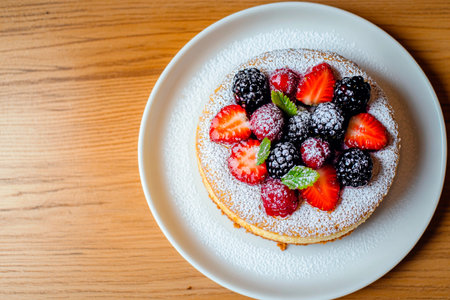 A beautifully crafted cake sits on a white plate, adorned with vibrant strawberries and blackberries. A dusting of powdered sugar adds a touch of sweetness to this tempting treat.の素材