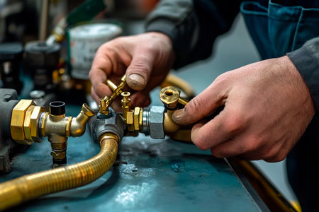 Craftsman focuses on connecting metal parts with precision, showing proficiency in plumbing assembly. The workshop is filled with tools and materials, creating an industrial atmosphere.の素材