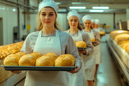 In a warm and inviting bakery, skilled bakers proudly carry trays of golden loaves. The aroma of fresh bread fills the air as they create delicious baked goods at dawn.の素材