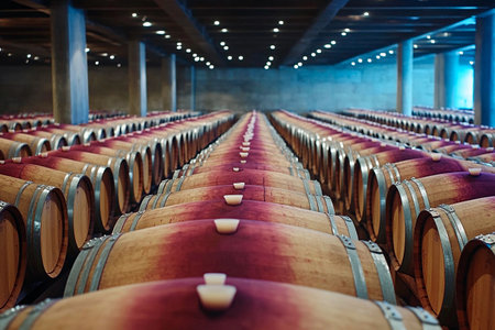 Within a spacious, dimly lit cellar, rows of wooden barrels stand filled with aging wine. The ambient lighting reflects softly off the barrel surfaces, creating a warm, inviting atmosphere.の素材