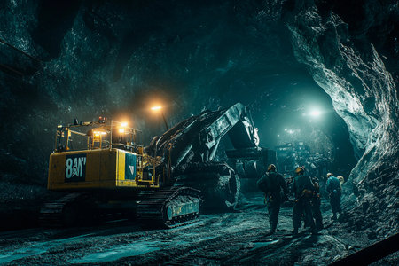 Excavation equipment digs deep into the earth while workers monitor operations in the dimly lit cavern. The atmosphere is charged with activity, revealing the power of mining technology.の素材