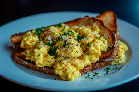 Golden scrambled eggs are generously piled on two slices of crispy, toasted bread, garnished with chopped fresh herbs. This hearty breakfast is perfect for a morning delight.の素材