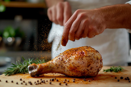 A skilled chef expertly seasons a succulent chicken leg with vibrant spices in a warm, inviting kitchen. Fresh herbs add color, enhancing the culinary experience of cooking.の素材