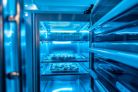 Bright blue lighting highlights the sleek shelves filled with fresh produce and organized containers.の素材
