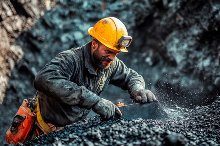 Under the warm glow of a helmet lamp, a miner skillfully sifts through coal, his face reflecting focus and determination.の素材