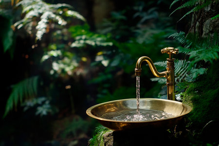 A brass faucet gracefully dispenses clear water into a beautifully crafted bowl, nestled amidst verdant ferns and foliage. Sunlight filters through, enhancing the tranquil atmosphere.の素材