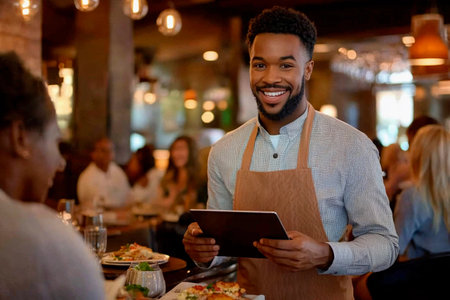 In a lively restaurant setting, a friendly waiter takes orders while smiling warmly at a guest. The atmosphere is vibrant, filled with the aroma of freshly prepared dishes and lively conversations.の素材