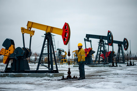 Amidst a snowy landscape, a worker operates an oil pump jack as others stand in the background, highlighting the ruggedness of the scene. The cold weather adds an element of challenge to the task.の素材