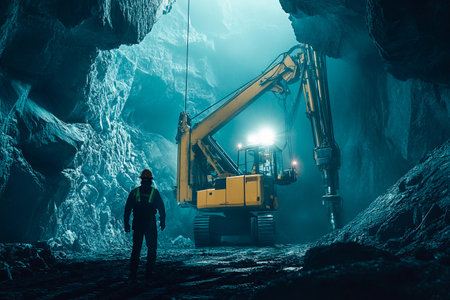 A worker stands in awe as heavy machinery operates in a vast underground cavern. The blue-green glow from the rocks creates an otherworldly atmosphere during early morning hours.の素材