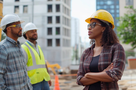 A diverse group of construction professionals engage in conversation at an active building site.の素材