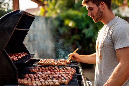 A young man carefully flips marinated chicken breasts on the grill during a warm afternoon. Friends gather nearby, eagerly waiting to savor the delicious aroma of barbecue in the air.の素材