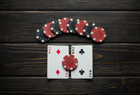 Red and black chips from winning and a combination of cards in poker one pair on a black vintage table in a club.の写真素材