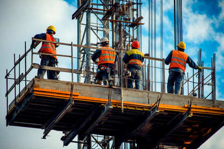 A group of four construction workers stand on a scaffold, diligently working on the framework of a high-rise building.の素材